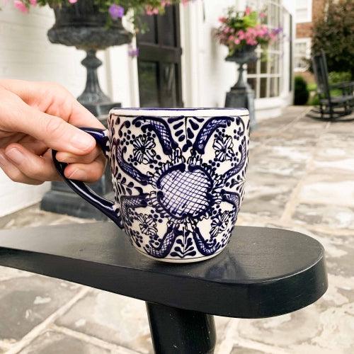 Elegant Encantada Handmade Pottery Rounded Mugs - Blue Flowers Pattern, Set of Two, Handcrafted in Mexico