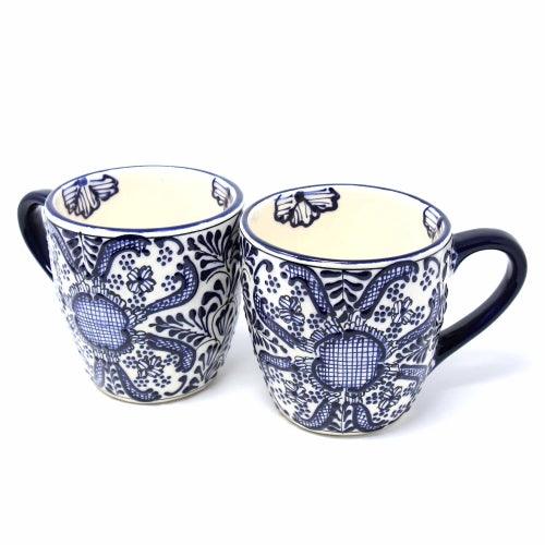 Elegant Encantada Handmade Pottery Rounded Mugs - Blue Flowers Pattern, Set of Two, Handcrafted in Mexico