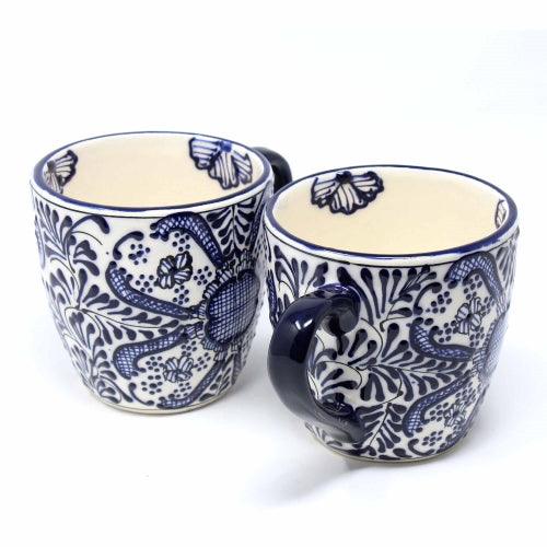 Elegant Encantada Handmade Pottery Rounded Mugs - Blue Flowers Pattern, Set of Two, Handcrafted in Mexico