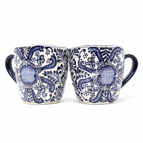 Elegant Encantada Handmade Pottery Rounded Mugs - Blue Flowers Pattern, Set of Two, Handcrafted in Mexico